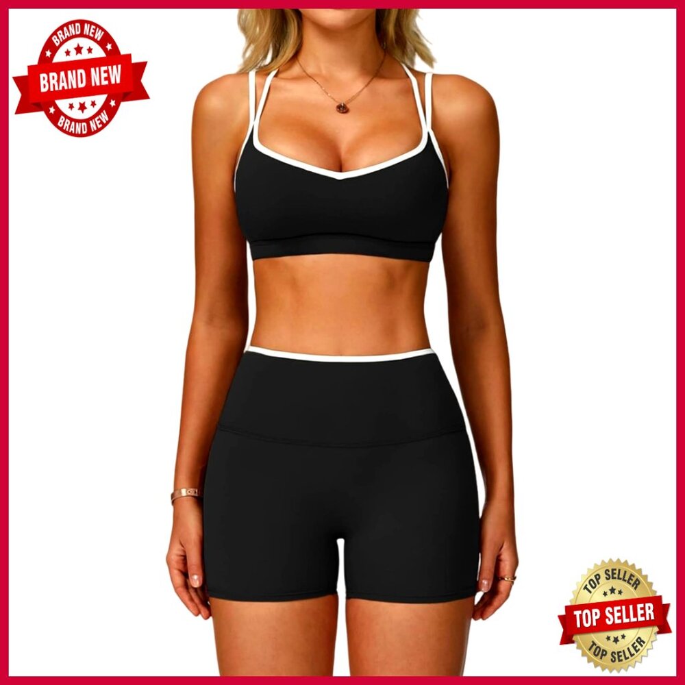 2 Piece Workout Set Strappy Sports Bra High Waist Shorts Gym Yoga